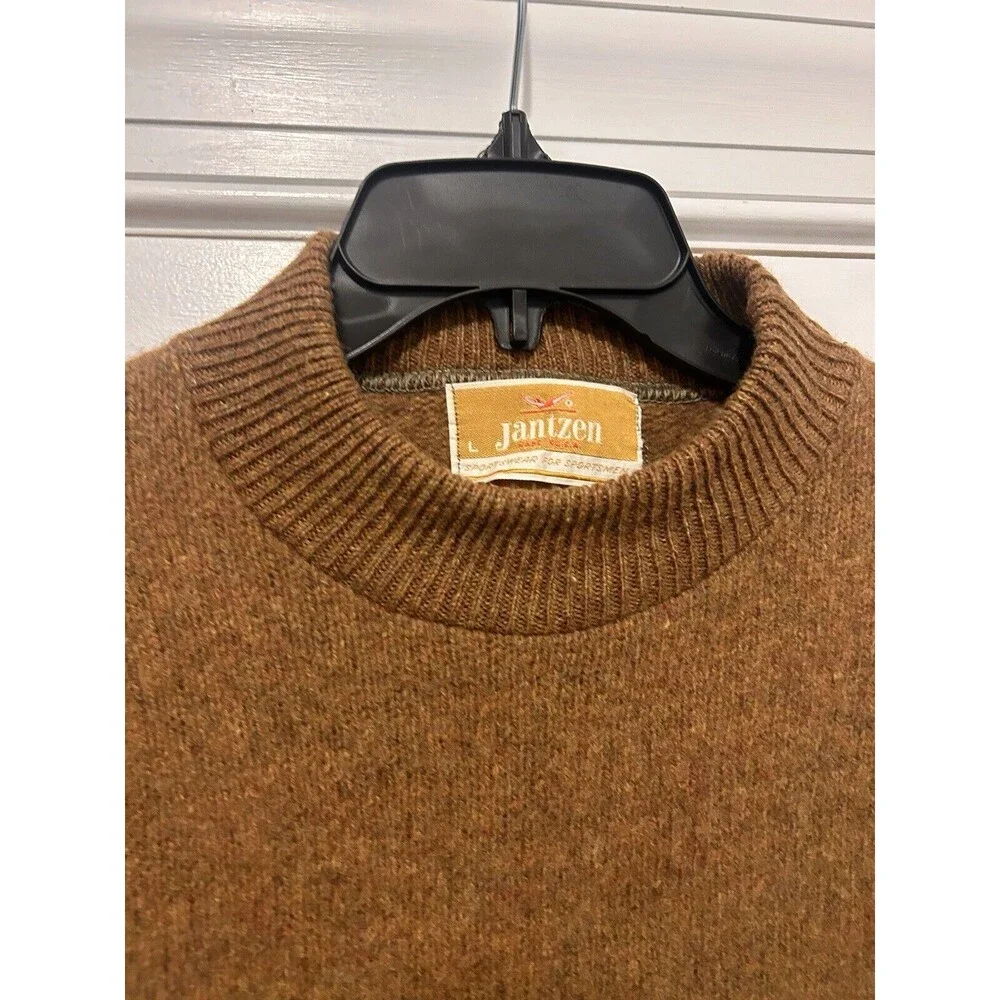 Vintage 80’s Jantzen Sweater Mens Large Tan Brown Wool Knit Crew Neck USA Made - Picture 3 of 4